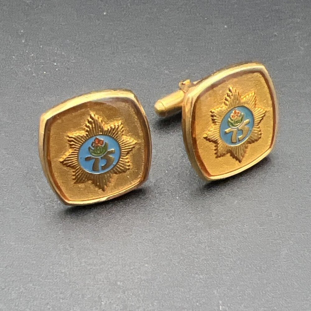 Vintage 75th Anniversary South Africa Police Badge Cufflink Set Gold Tone Blue